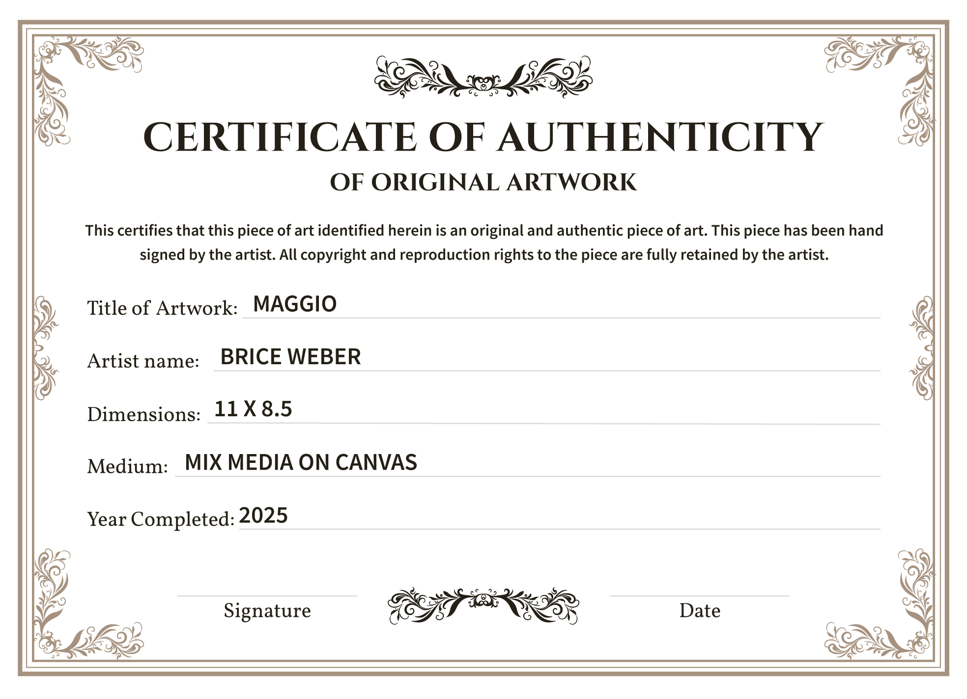 certificate of authenticity examples for art collectibles