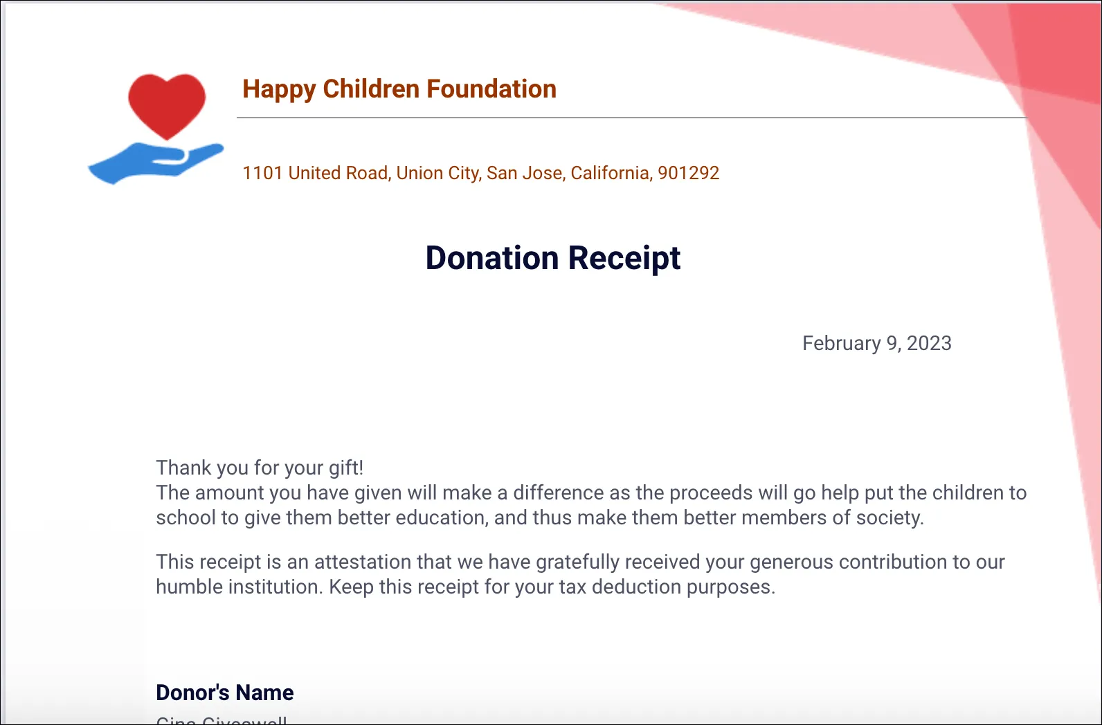 donation receipt template examples for nonprofits