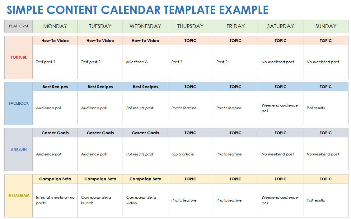example content calendar for better marketing planning