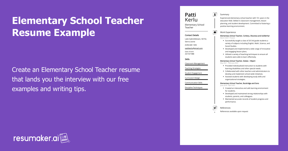 examples of an effective elementary school teacher resume