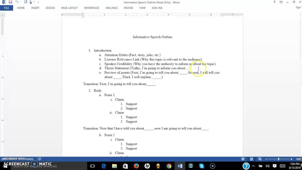 examples of an informative speech outline