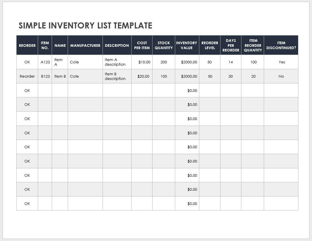 examples of using an inventory spreadsheet