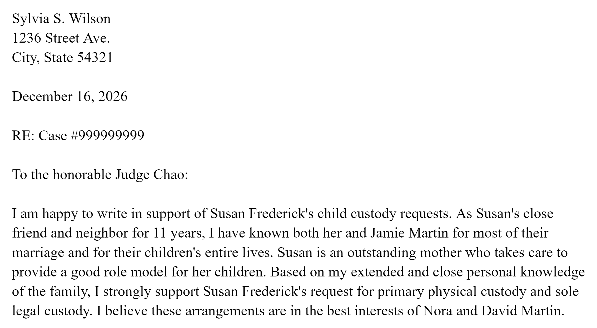 examples of writing an affidavit for child custody for a friend