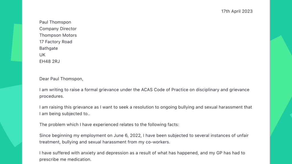 grievance letter examples for workplace issues