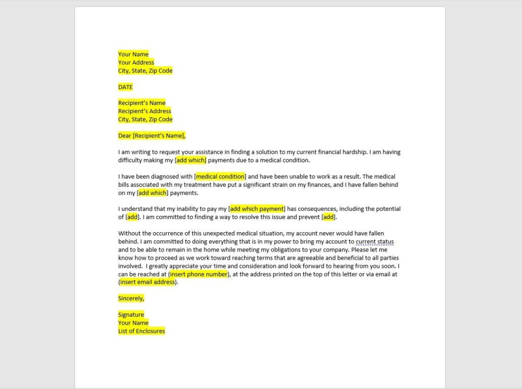 hardship letter examples for financial relief